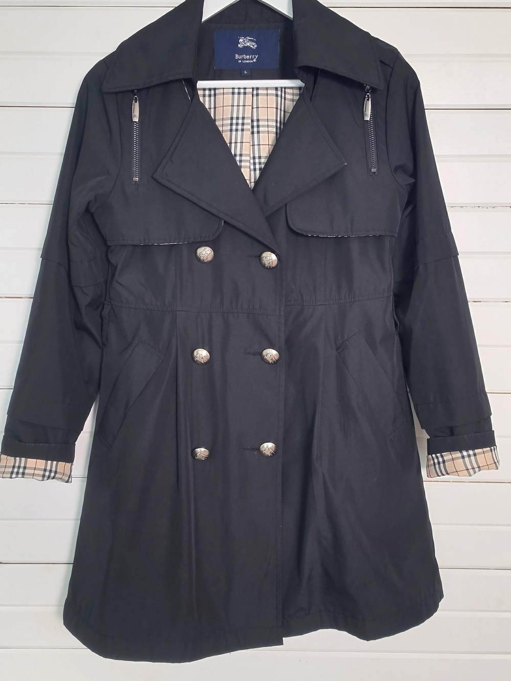 Burberry London 100% Cotton Black Double-Breasted Trench Coat Women L Nova Check